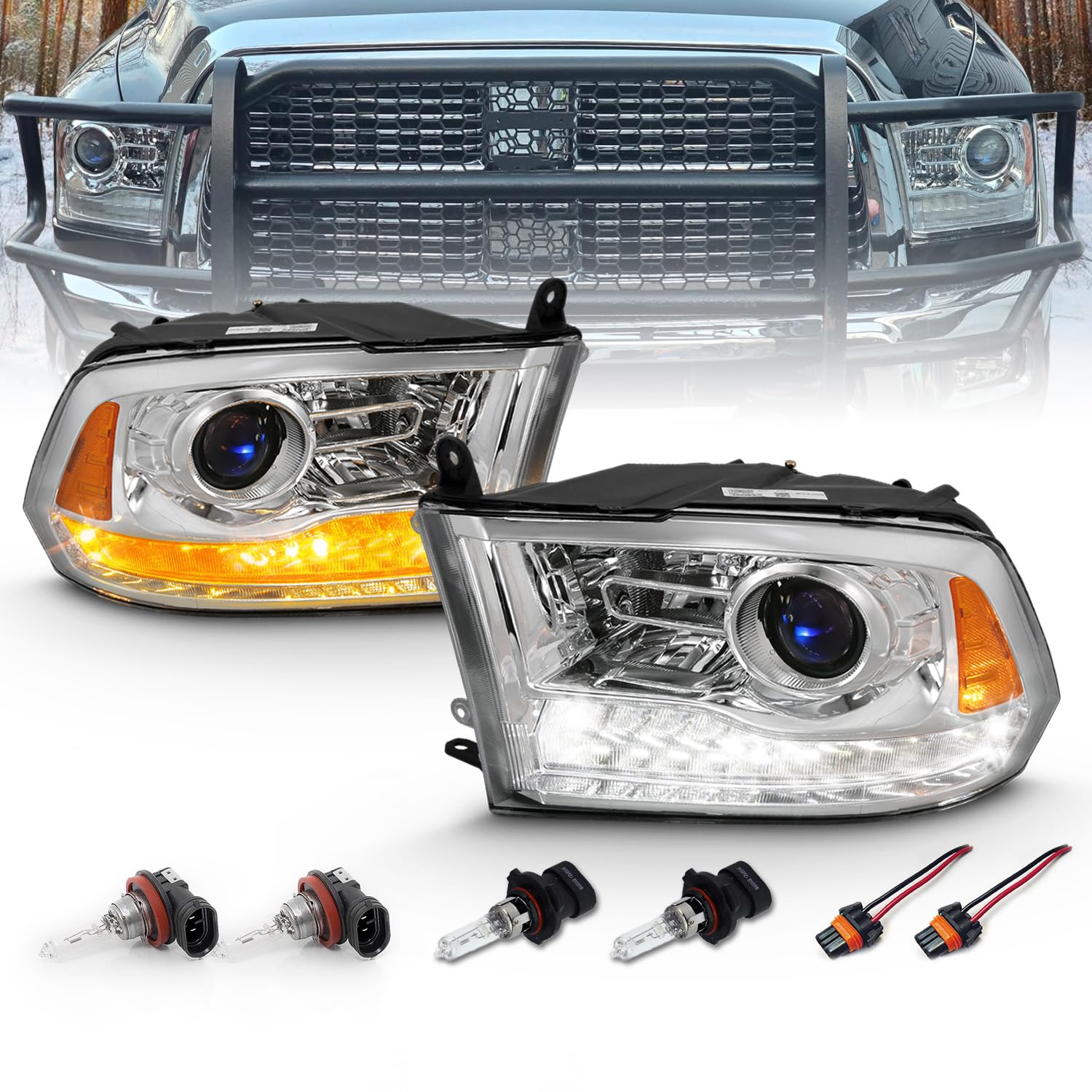 AmeriLite for 2009-2018 Dodge Ram 1500 2500 3500 BOTH Models Switchback LED Polished Black Replacement Projector Headlight Assembly Set - Passenger and Driver Side