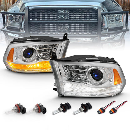 AmeriLite for 2009-2018 Dodge Ram 1500 2500 3500 BOTH Models Switchback LED Polished Black Replacement Projector Headlight Assembly Set - Passenger and Driver Side