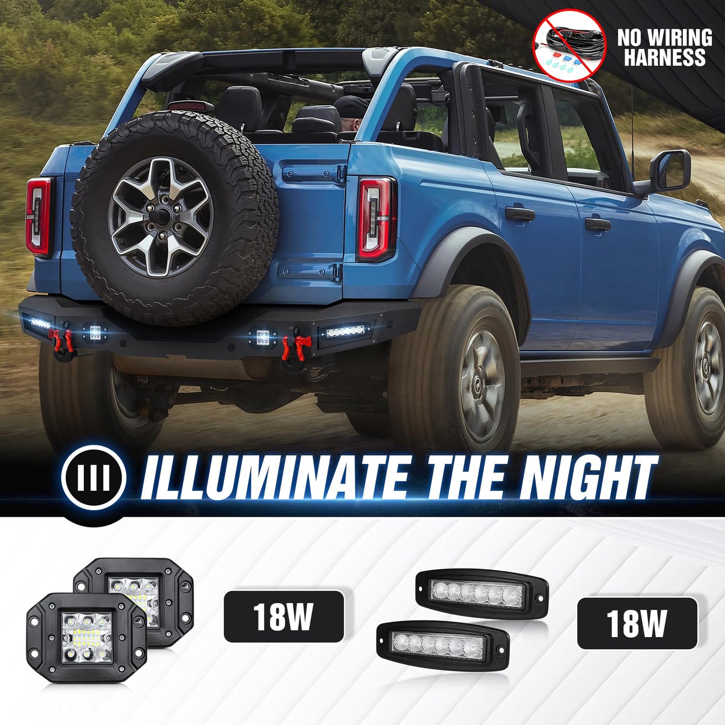 Bronco Rear Bumper with LED Lights, Sensor Holes, D-rings