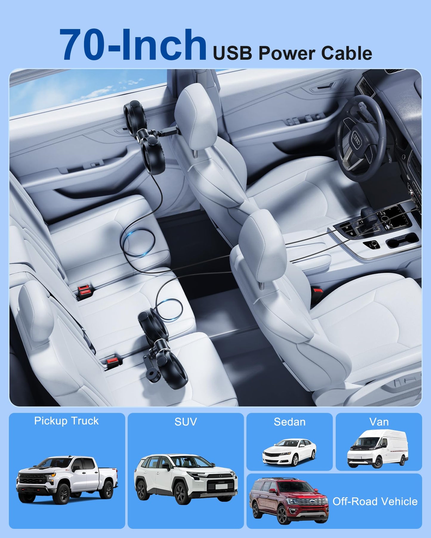 Dual-Head Car Fan: Powerful, Stepless Speed Control, Ideal for All Seats