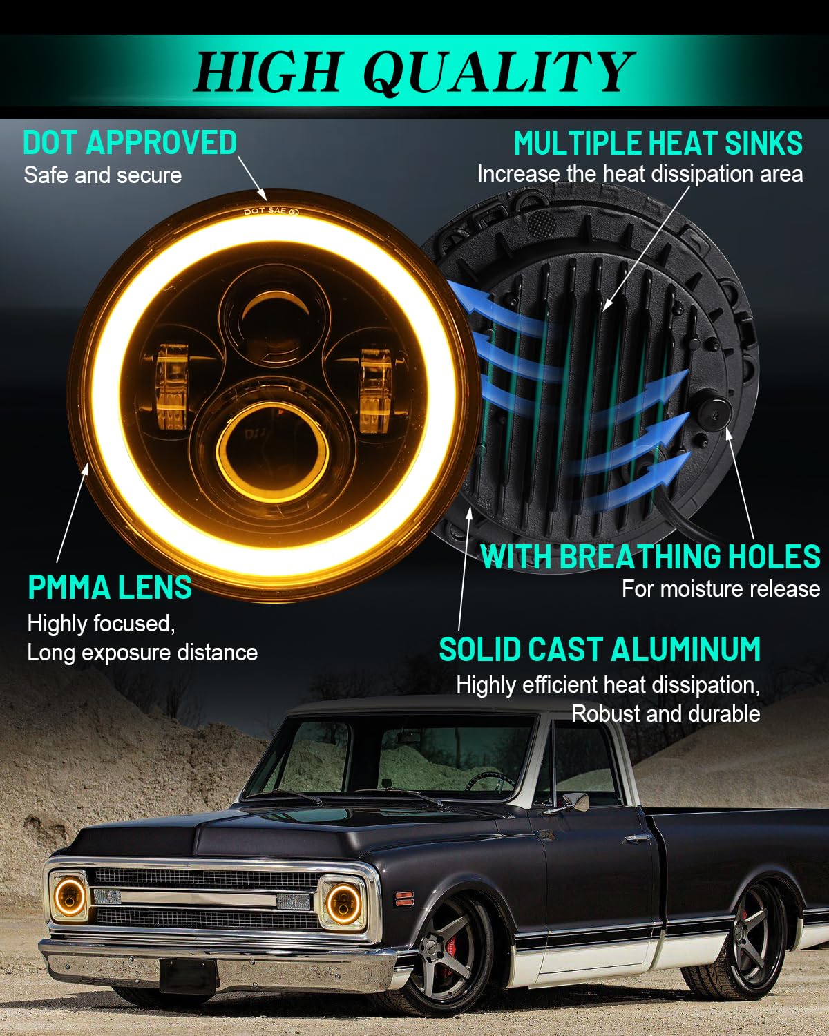 DOT Approved 7" Round LED Headlights with Halo & Signals - Universal Fit