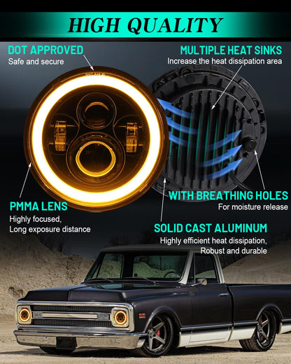 DOT Approved 7" Round LED Headlights with Halo & Signals - Universal Fit