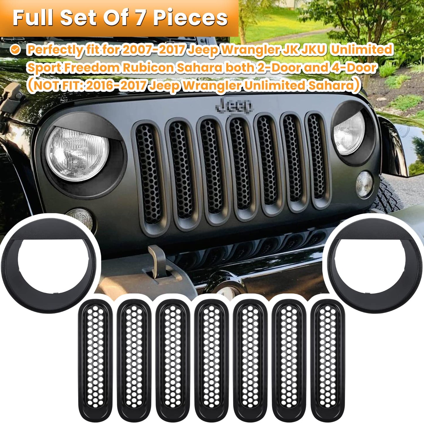 Matte Black Grille & Headlight Trim Set for Jeep Wrangler JK 2007-2018