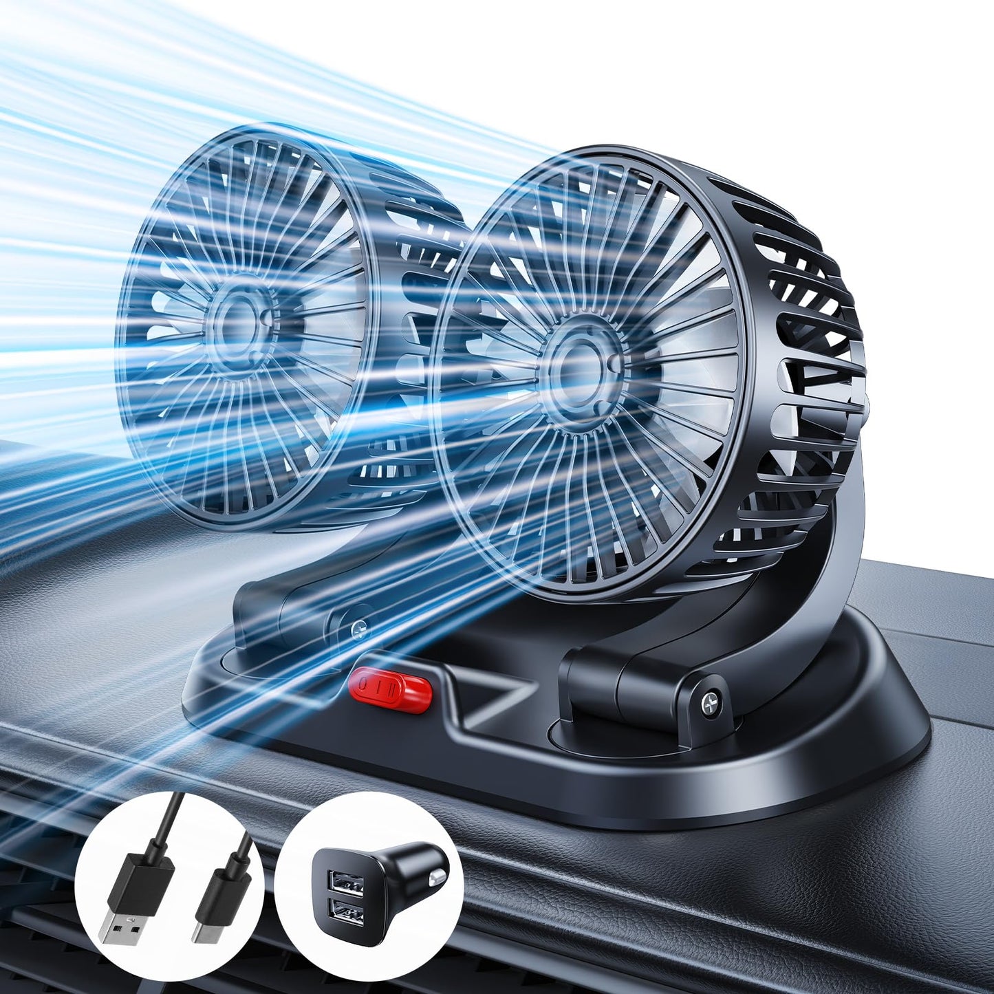 Dual-Head Car Cooling Fan, Powerful Airflow, 360° Rotation