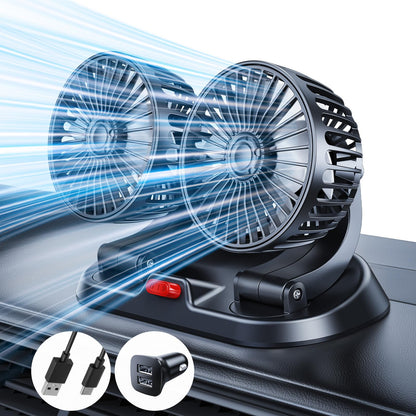 Dual-Head Car Cooling Fan, Powerful Airflow, 360° Rotation