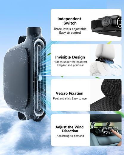 Car Headrest Cooling Fan, USB, 3 Speeds, for Most Vehicles