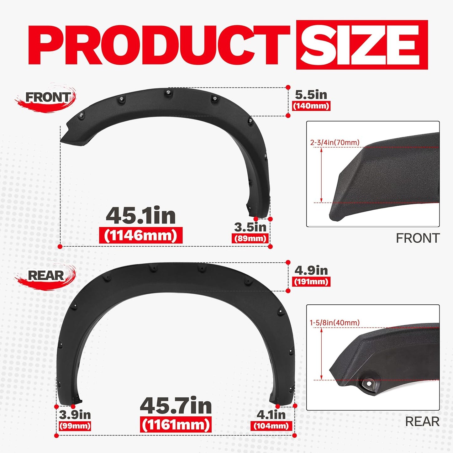 4-PCS Fender Flares for 2009-2018 Ram 1500 & 2019-2023 Classic Fleetside - Textured Black Rivet Style
