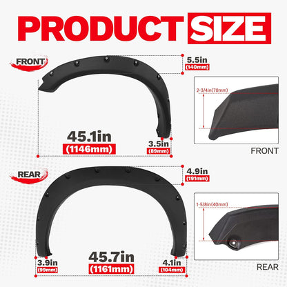 4-PCS Fender Flares for 2009-2018 Ram 1500 & 2019-2023 Classic Fleetside - Textured Black Rivet Style