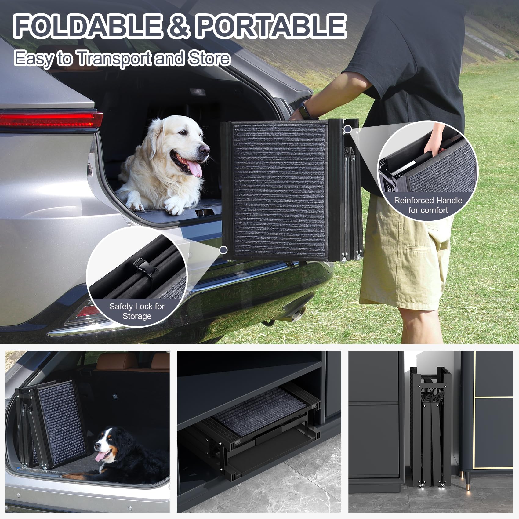 63" Long & 17" Wide Folding Portable Pet Stair Ramp with Non-Slip Rug Surface - OHMU
