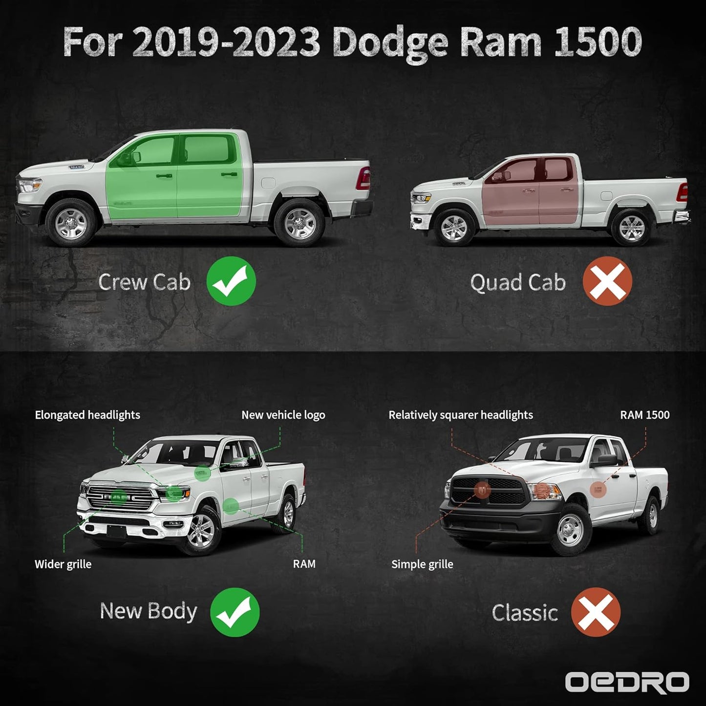 6" Running Boards Compatible with 2019-2024 Dodge Ram 1500 Crew Cab - OHMU