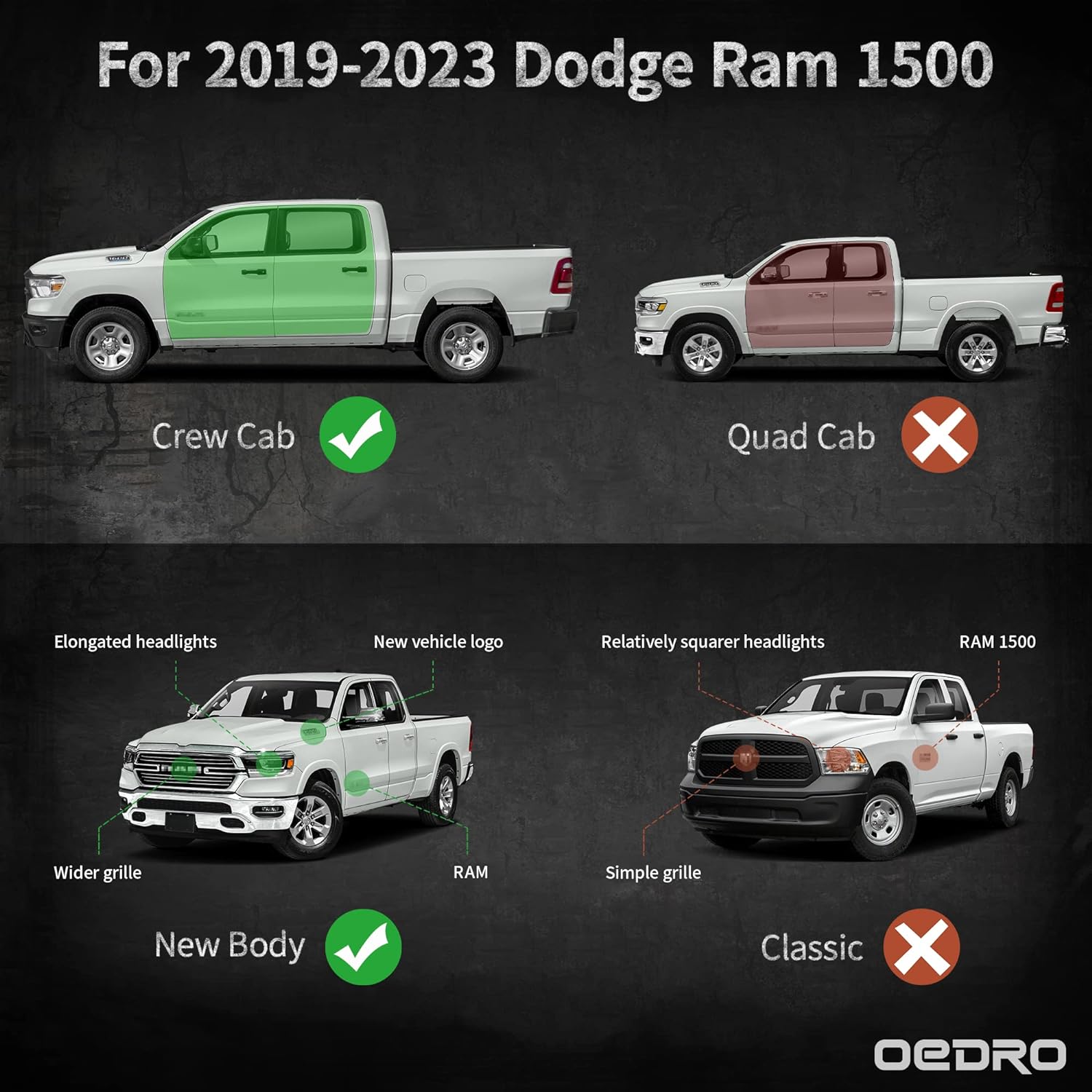 6" Running Boards Compatible with 2019-2024 Dodge Ram 1500 Crew Cab - OHMU