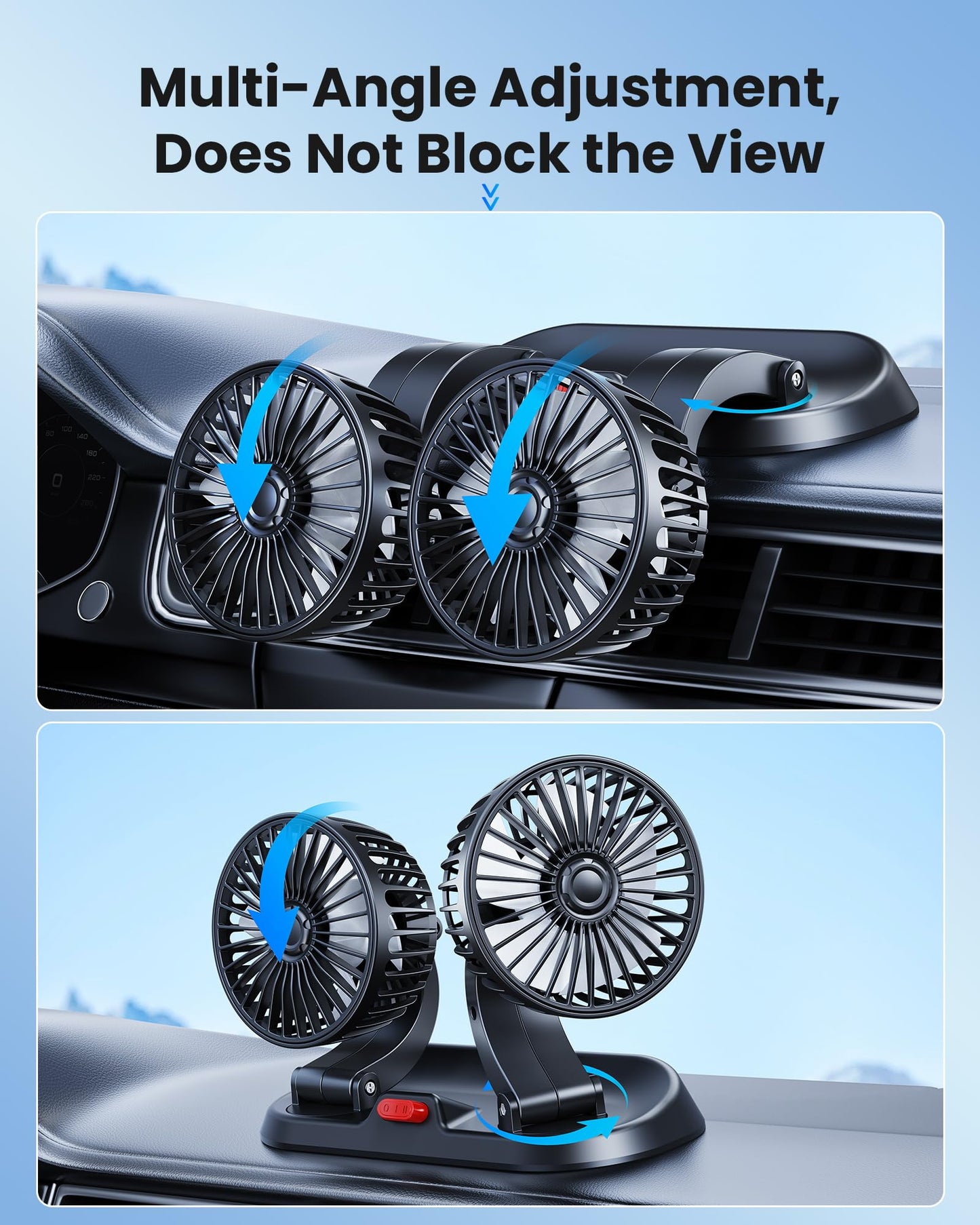 Dual-Head Car Cooling Fan, Powerful Airflow, 360° Rotation
