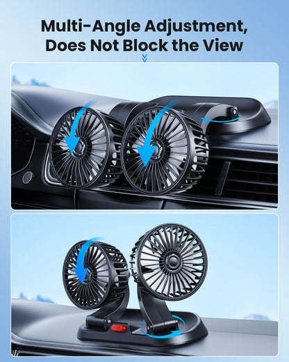 Dual-Head Car Cooling Fan, Powerful Airflow, 360° Rotation