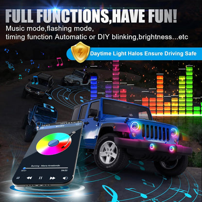 7" RGB LED Headlights & Fog Lights with Halo - DOT Approved for Jeep