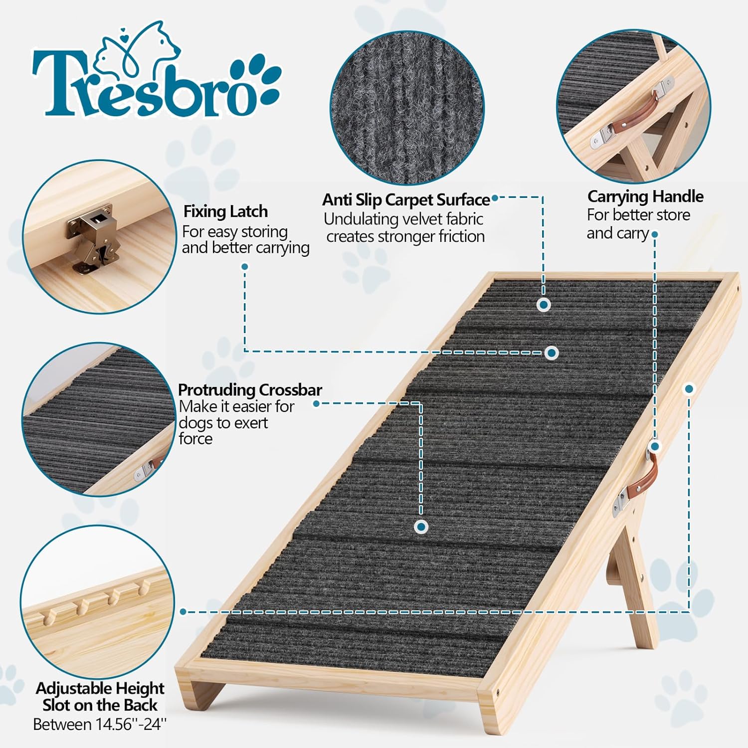 Tresbro Dog Ramp for Bed, 47.24'' Long Pet Ramp with Adjustable 14.56'' to 24'' Height, Portable Dog Ramp Hold up to 200LBS with Anti-Slip Mat & Carrying Handle for Small & Medium Dogs to Get on Couch
