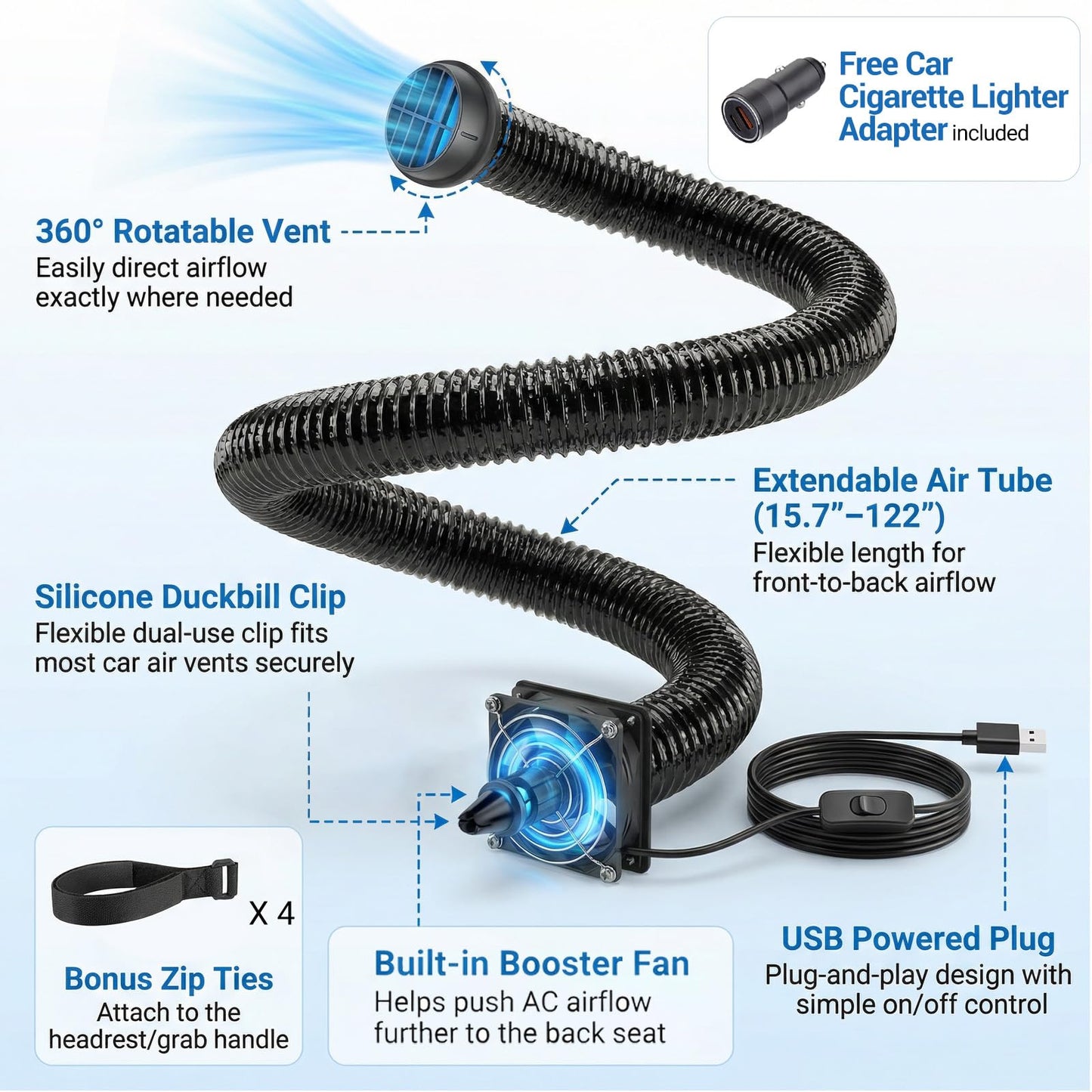 Car AC Vent Extender with USB Fan for Backseat