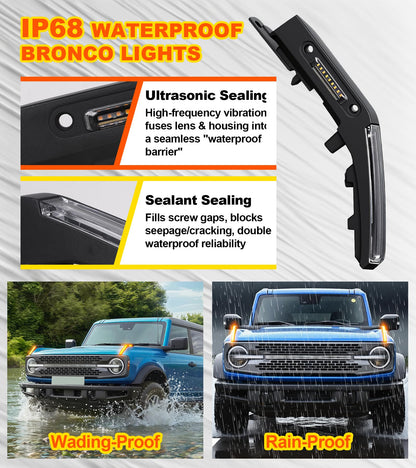 Bronco Hood Handle Trail Lights: Amber DRL, Side Markers, IP68 Waterproof