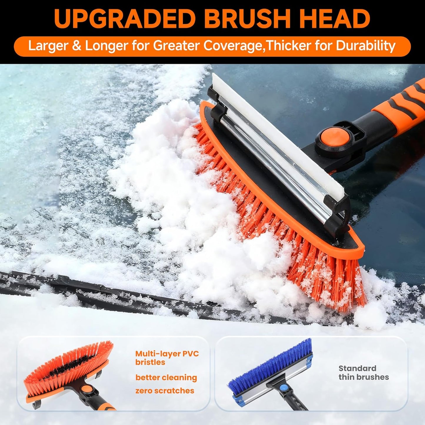 43" 3-in-1 Extendable Snow Brush - 180° Pivot, Squeegee & Ice Scraper (Black/Orange)