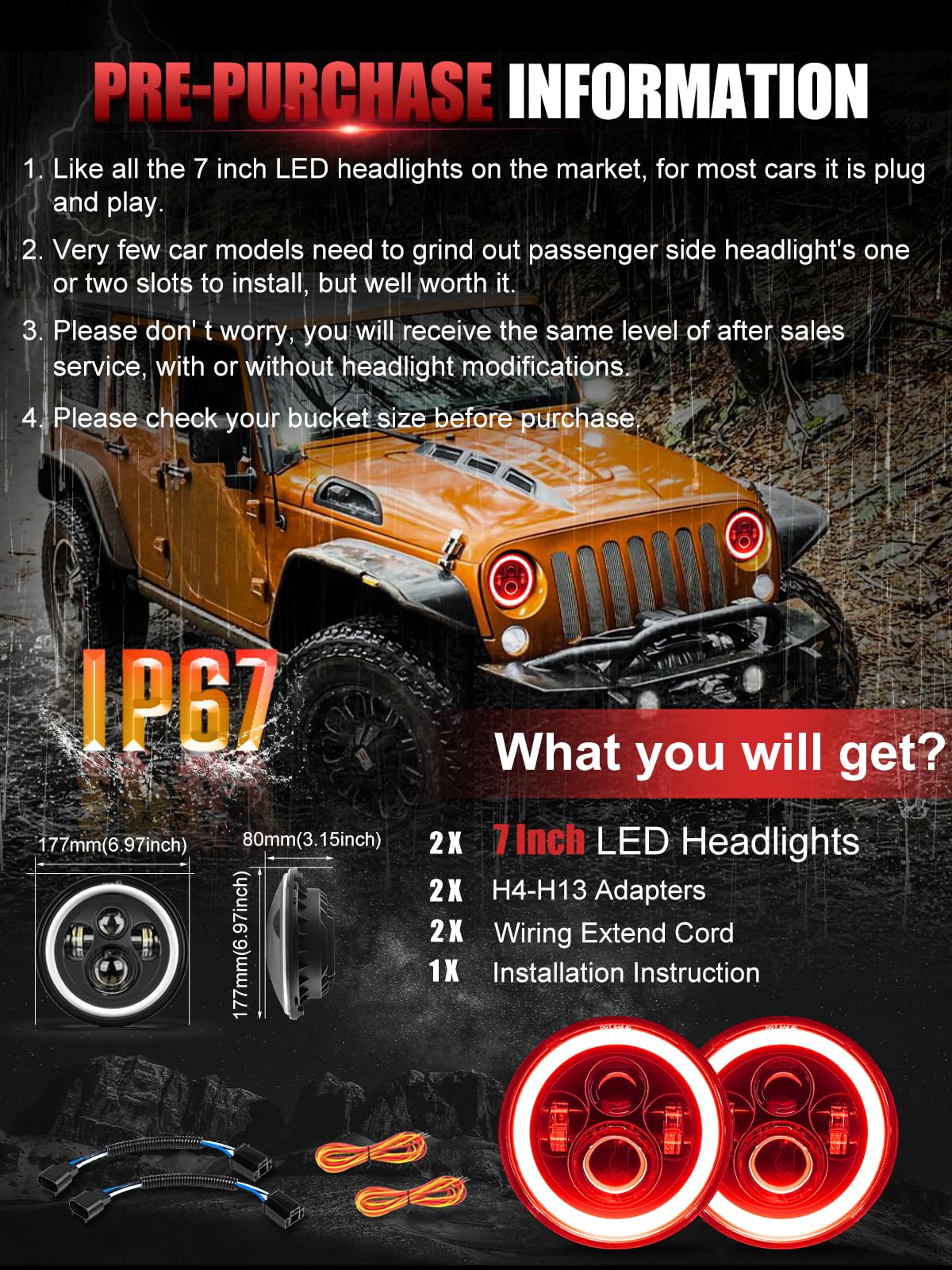 2PCS 7" Red Halo LED Headlights - Hi/Lo/Amber Signal, DOT Approved, H6024 Fit