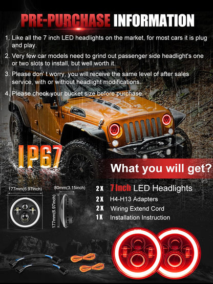 2PCS 7" Red Halo LED Headlights - Hi/Lo/Amber Signal, DOT Approved, H6024 Fit
