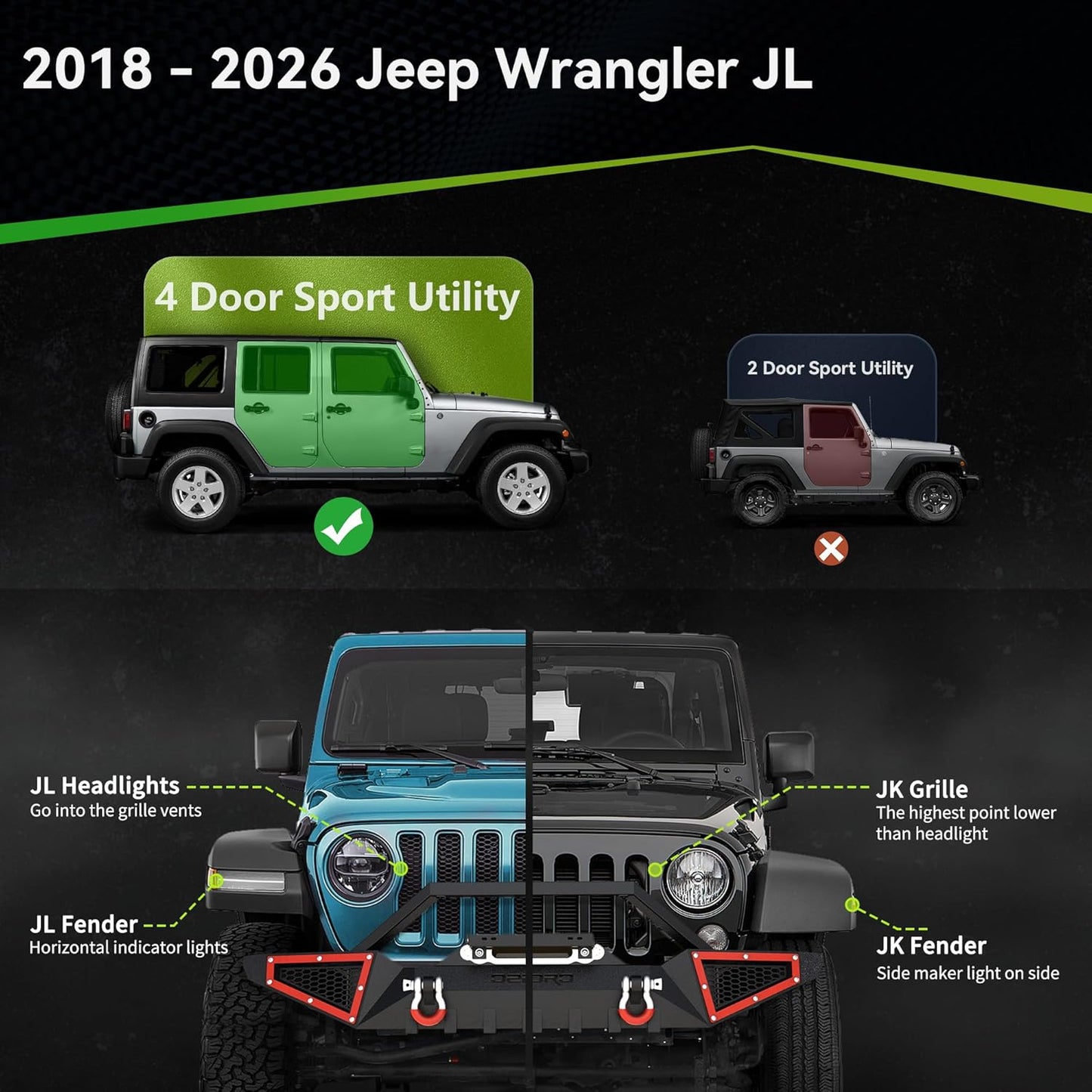 6" Two-Stair Running Boards for 2018-2026 Jeep Wrangler JL 4-Door - Black