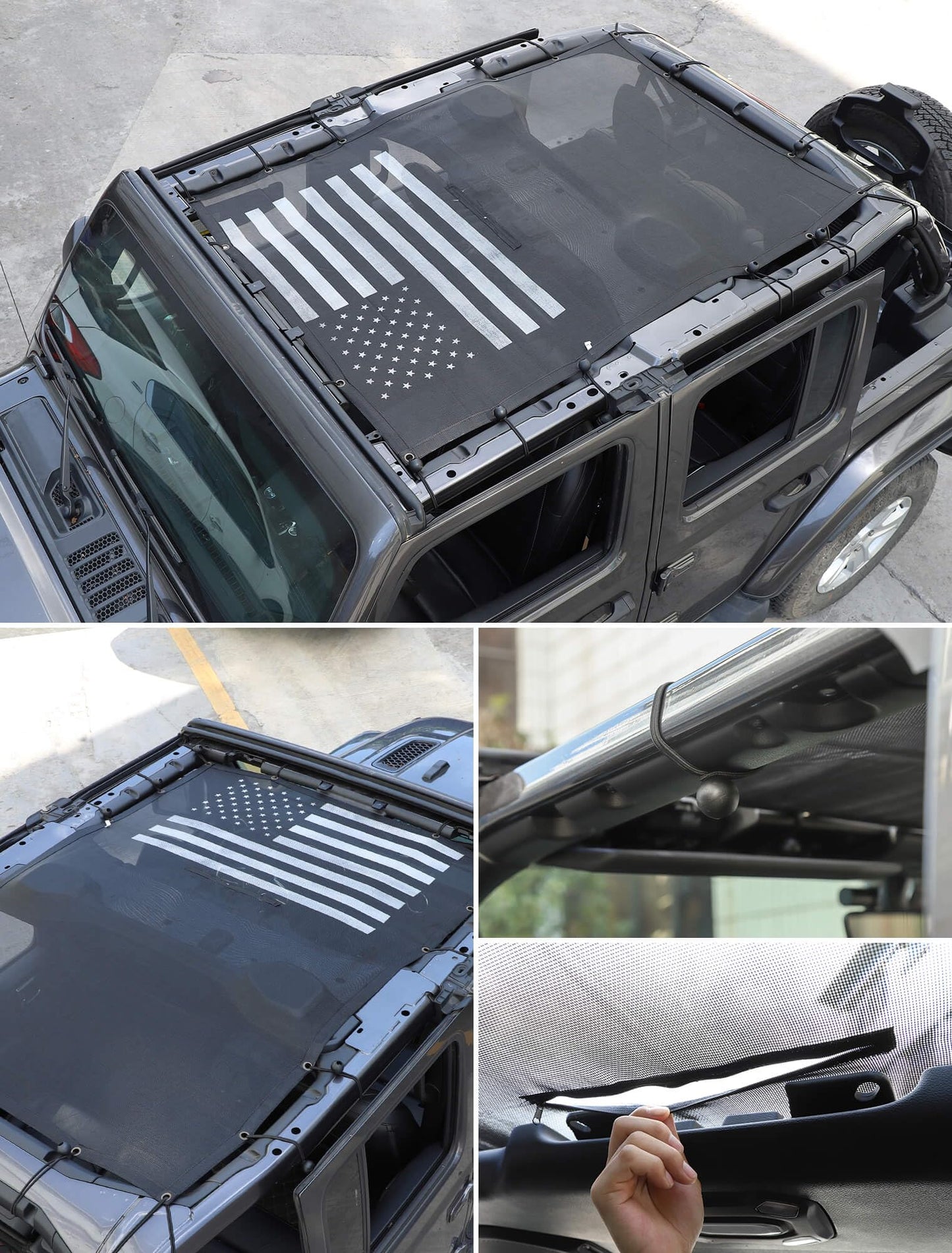 American Flag Mesh Roof Shade for 2018-2023 Jeep Wrangler JL 4XE 4-Door - Black