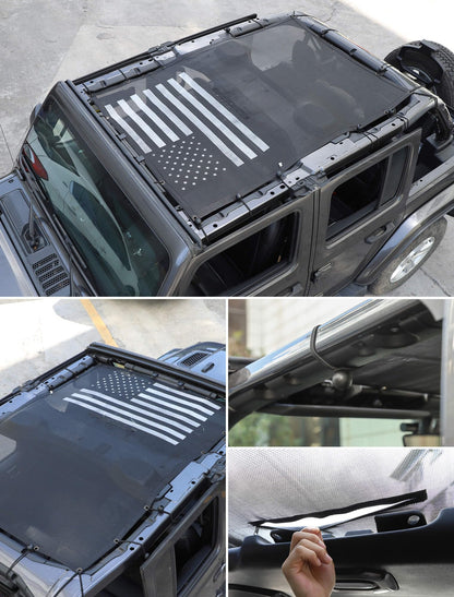 American Flag Mesh Roof Shade for 2018-2023 Jeep Wrangler JL 4XE 4-Door - Black