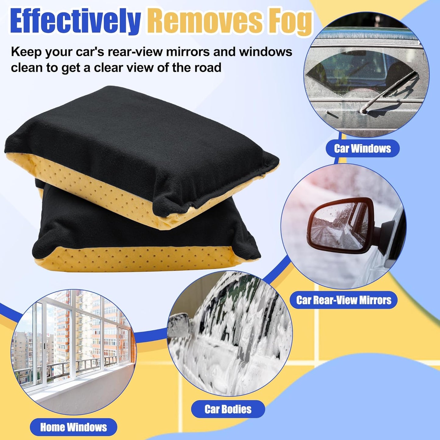 2-PCS Absorbent Window Defogger Sponge - Fast Glass Cleaner (Yellow+Black)