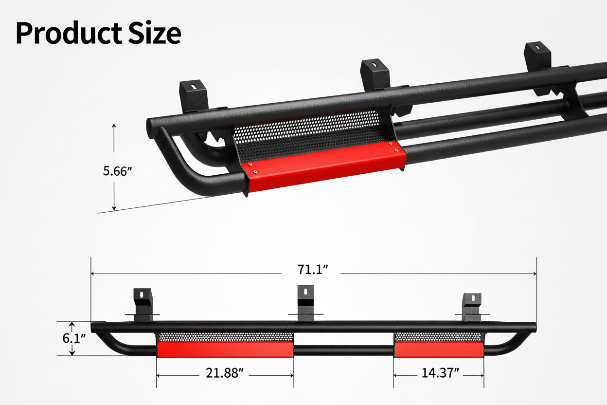 6" Running Boards for 2018-2026 Jeep Wrangler JL 4-Door - Black & Red