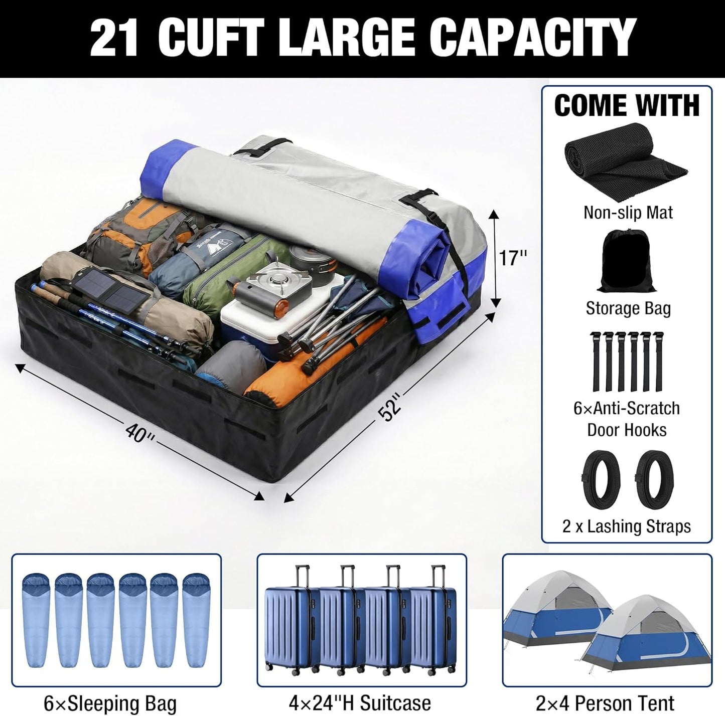 21ft³ Rooftop Cargo Carrier - Waterproof 840D PVC, Anti-Slip Mat, 6 Door Hooks, Storage Bag
