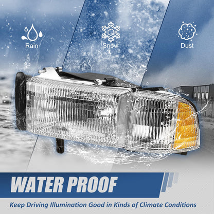 4-PCS Headlight & Corner Lamp Kit for 1994-2002 Dodge Ram 1500/2500/3500 (Non-Sport) - Chrome Housing