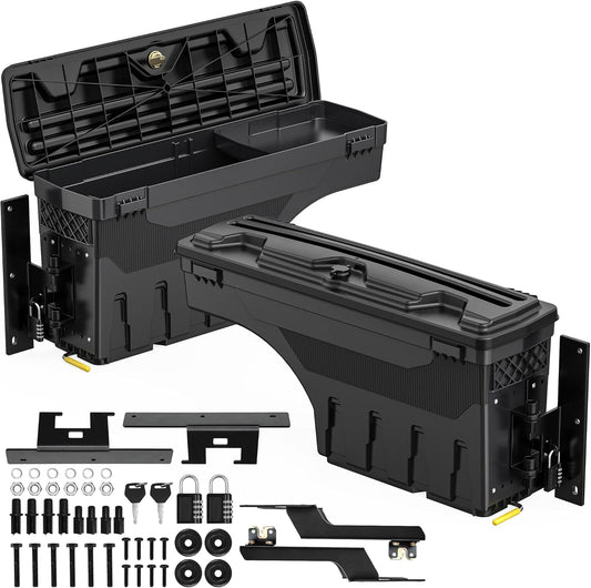 OEDRO Truck Bed Storage Tool Box Fits 2015-2025 Ford F150 Driver Side + Passenger Side, 180 Degree Rotation Rear Tool Boxs with Lockable Lid & Password Padlock, Black Waterproof Wheel Well Storage