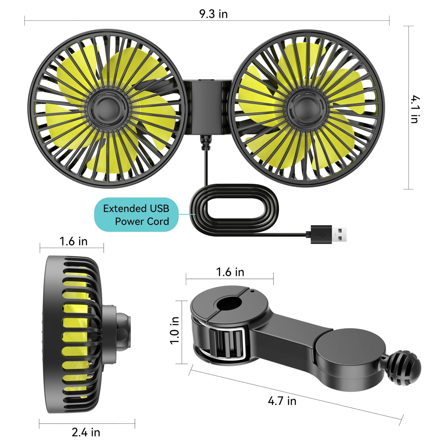 Dual Head USB Car Fan for Backseat, 3 Speeds, Adjustable Clip