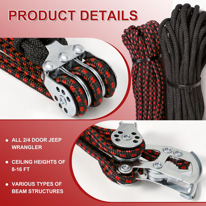 Hardtop Anti-Fall Removal Lift for Jeep Wrangler JL, JK, TJ, and Other Models with Hardtops | Idle Items, Kayak & Attic Hoist | Supports 8-16 ft Ceilings, Comes with 6 T-Knobs (Red)