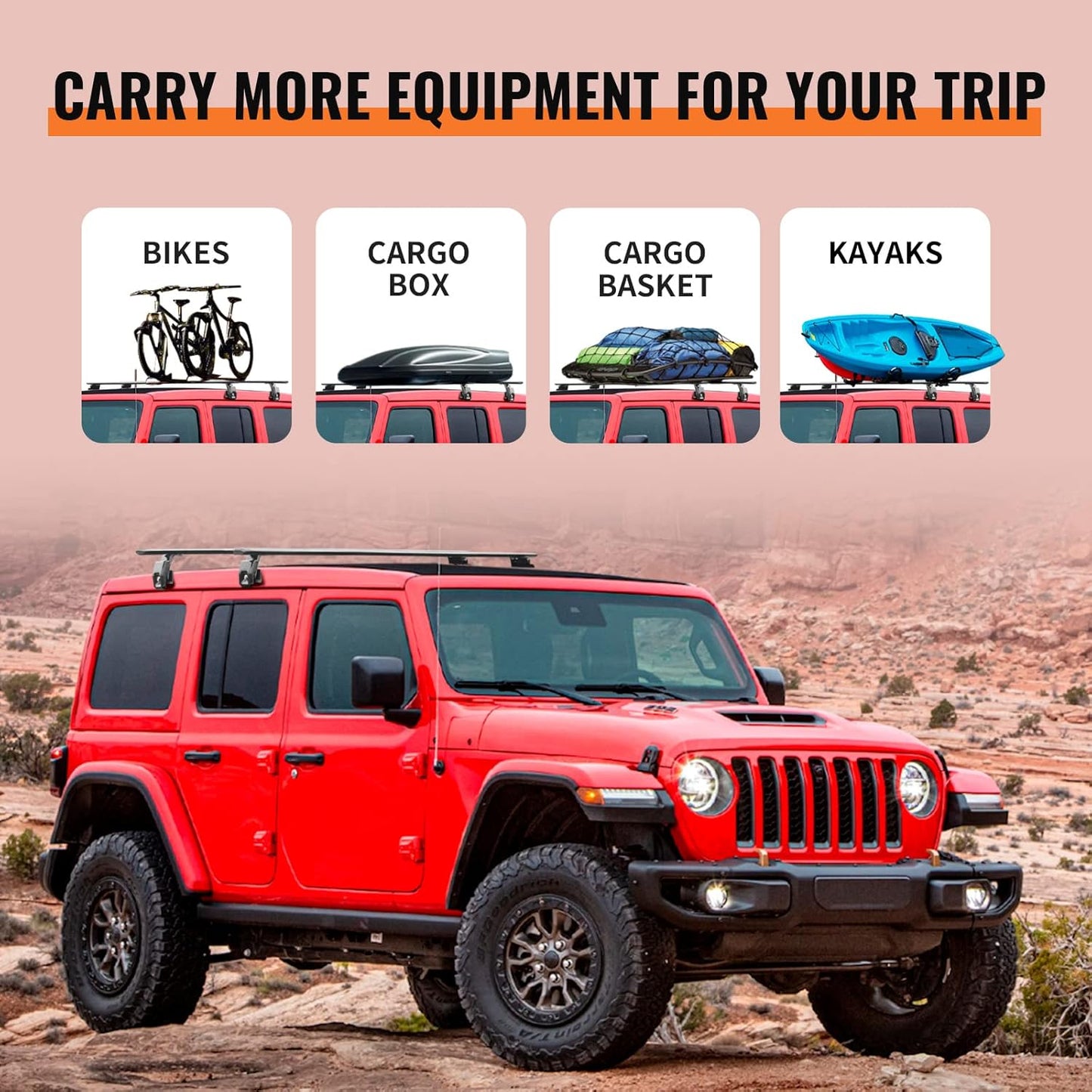 330 lb Roof Rack Cross Bars for 2007-2026 Jeep Wrangler & Gladiator - Aluminum (2/4-Door)