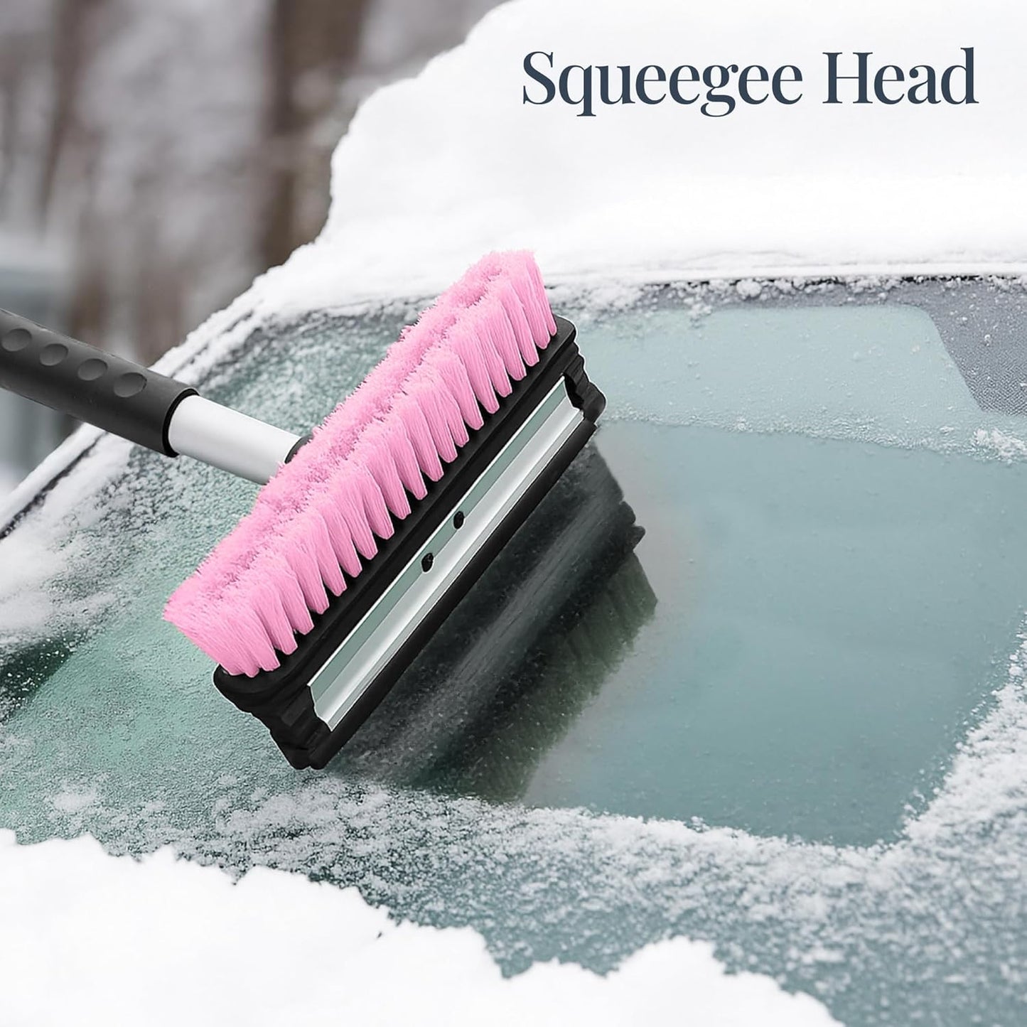 39" Extendable Snow Brush with Squeegee & Ice Scraper - 270° Pivot, Pink