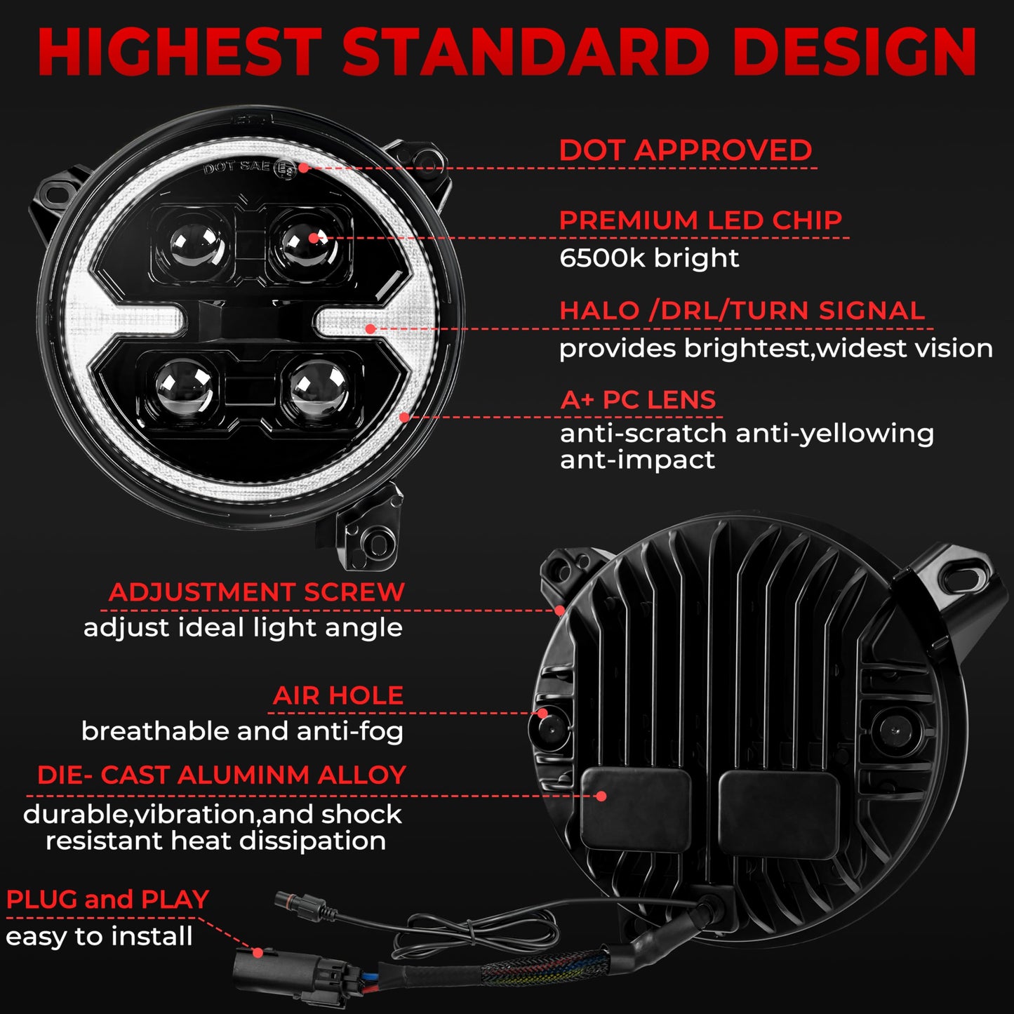 9 Inch LED Headlights for Wrangler JL/JT, DOT Approved with DRL & Turn Signal