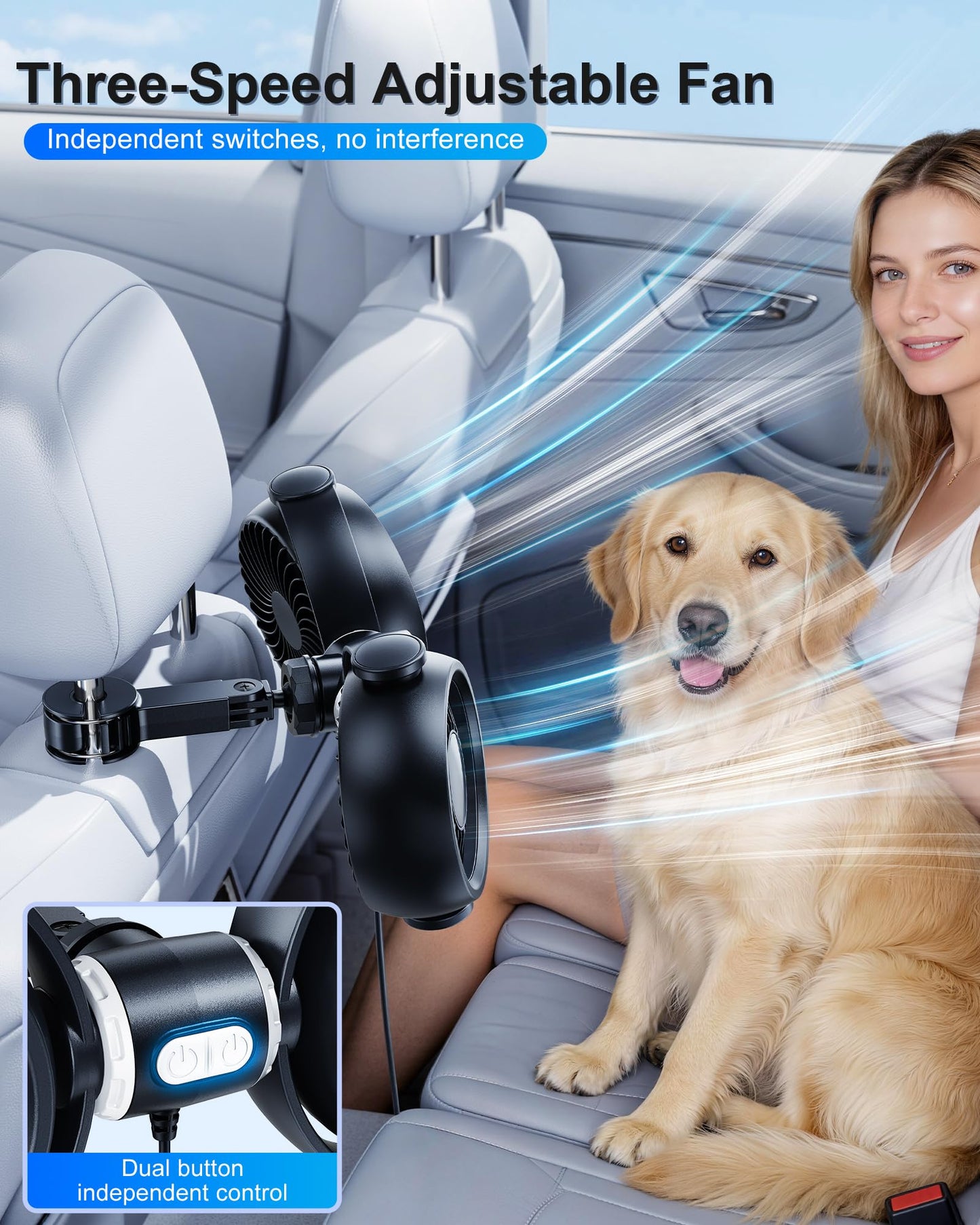 Dual-Head Car Fan: Powerful, Stepless Speed Control, Ideal for All Seats