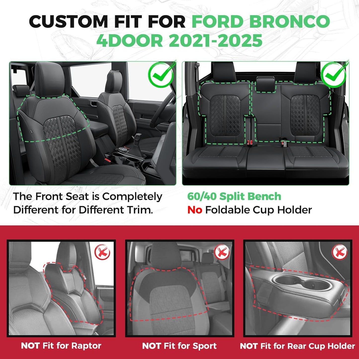 for Ford Bronco Leather Seat Covers 4 Door 2021 2022 2023 2024 2025, Custom Fit Car Seat Cover Full Set, Luxury Waterproof Interior Protectors Accessories, Black (W/O Rear Armrest)