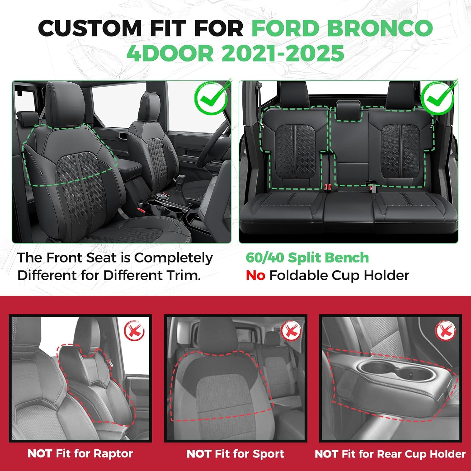 for Ford Bronco Leather Seat Covers 4 Door 2021 2022 2023 2024 2025, Custom Fit Car Seat Cover Full Set, Luxury Waterproof Interior Protectors Accessories, Black (W/O Rear Armrest)