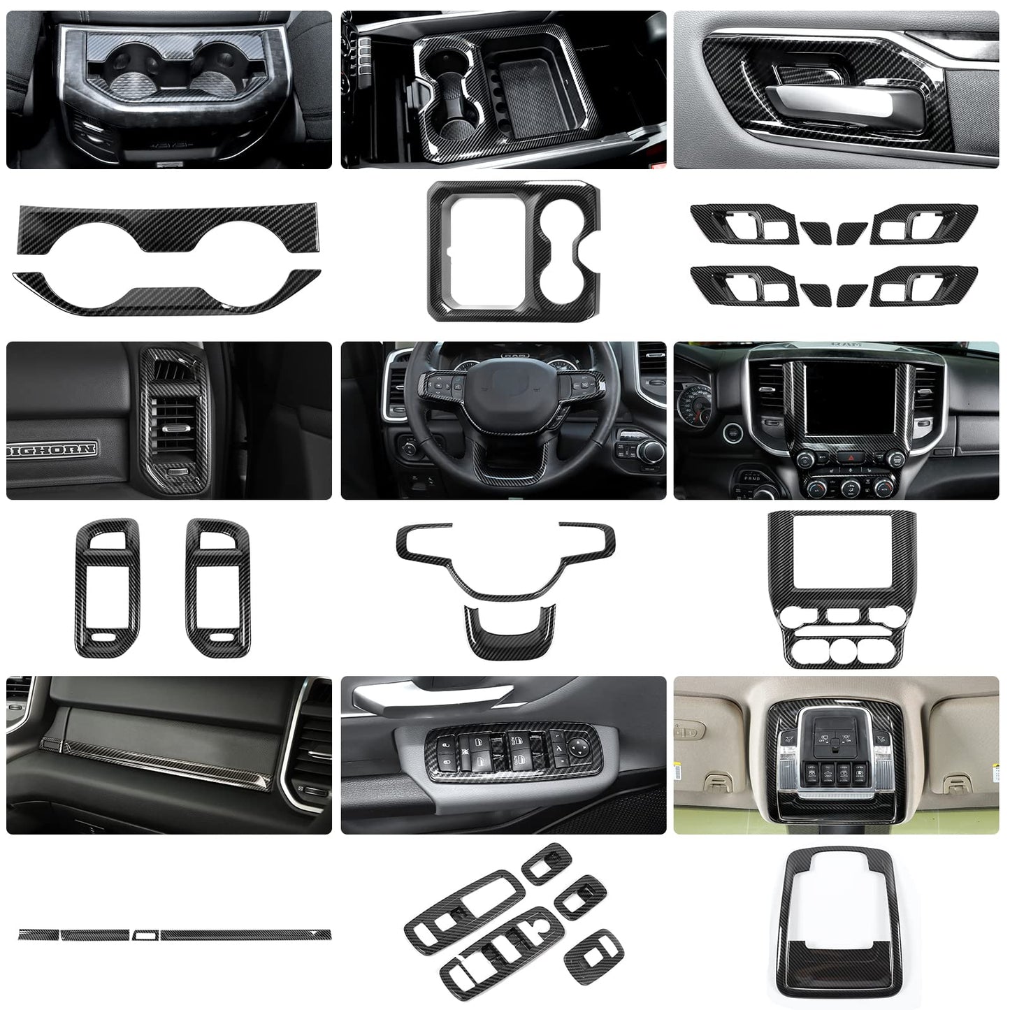 27Pcs Interior Trim Kit Cover Compatible with 2018-2025 Dodge RAM 1500 4-Door,Cup Holder Door Handle Dashboard Panel Roof Reading Light Side Outlet Cover Trim(Red)