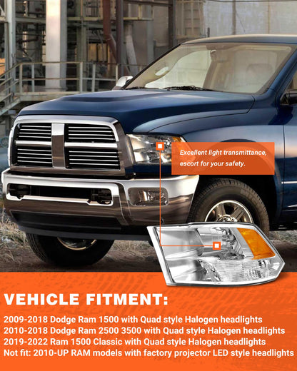 Chrome Headlight Assembly for 2009-2018 Ram 1500 & 2010-2018 Ram 2500/3500 - Amber Reflector, Left+Right