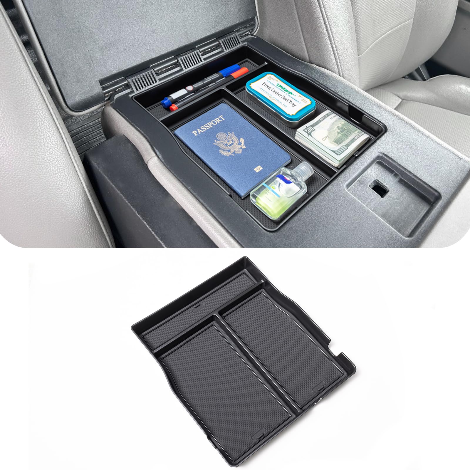 JDMCAR Upgrade Front Center Seat Headrest Organizer Compatible with 2011-2024 2025 Ford F150 F250 F350 F450 F550 F650 Accessories, Coin Container Storage Box with Non-Slip Silicone Mat(Jump Seat Only)