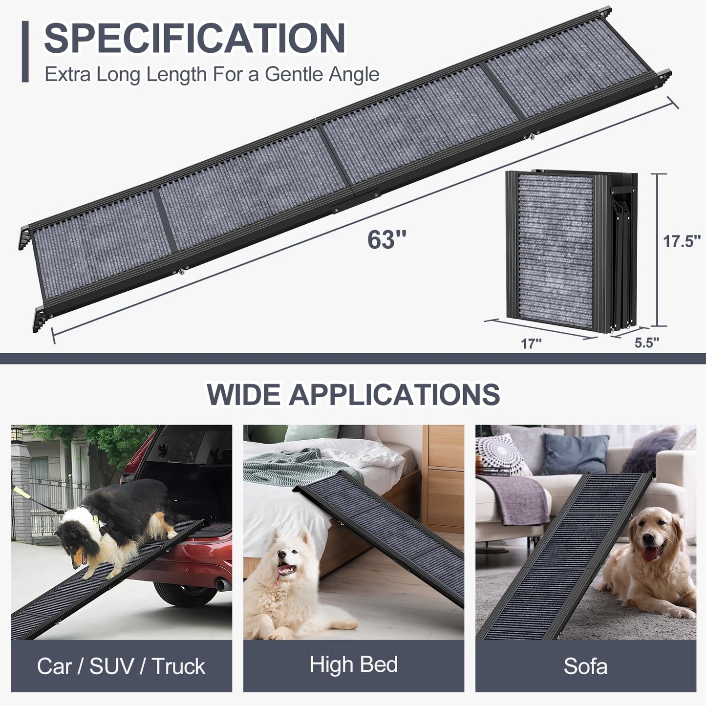 63" Long & 17" Wide Folding Portable Pet Stair Ramp with Non-Slip Rug Surface