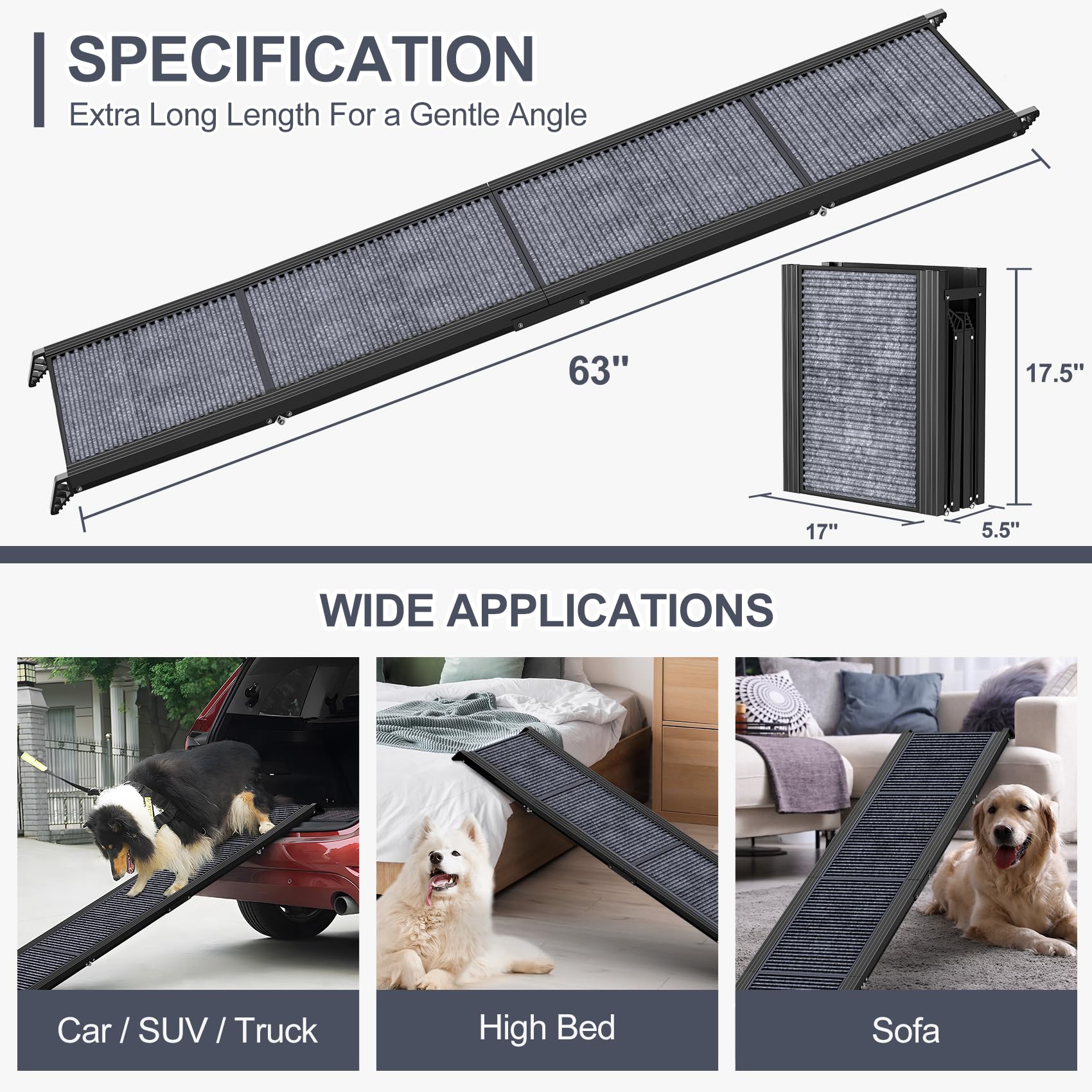 63" Long & 17" Wide Folding Portable Pet Stair Ramp with Non-Slip Rug Surface - OHMU