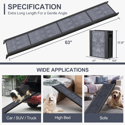 63" Long & 17" Wide Folding Portable Pet Stair Ramp with Non-Slip Rug Surface - OHMU