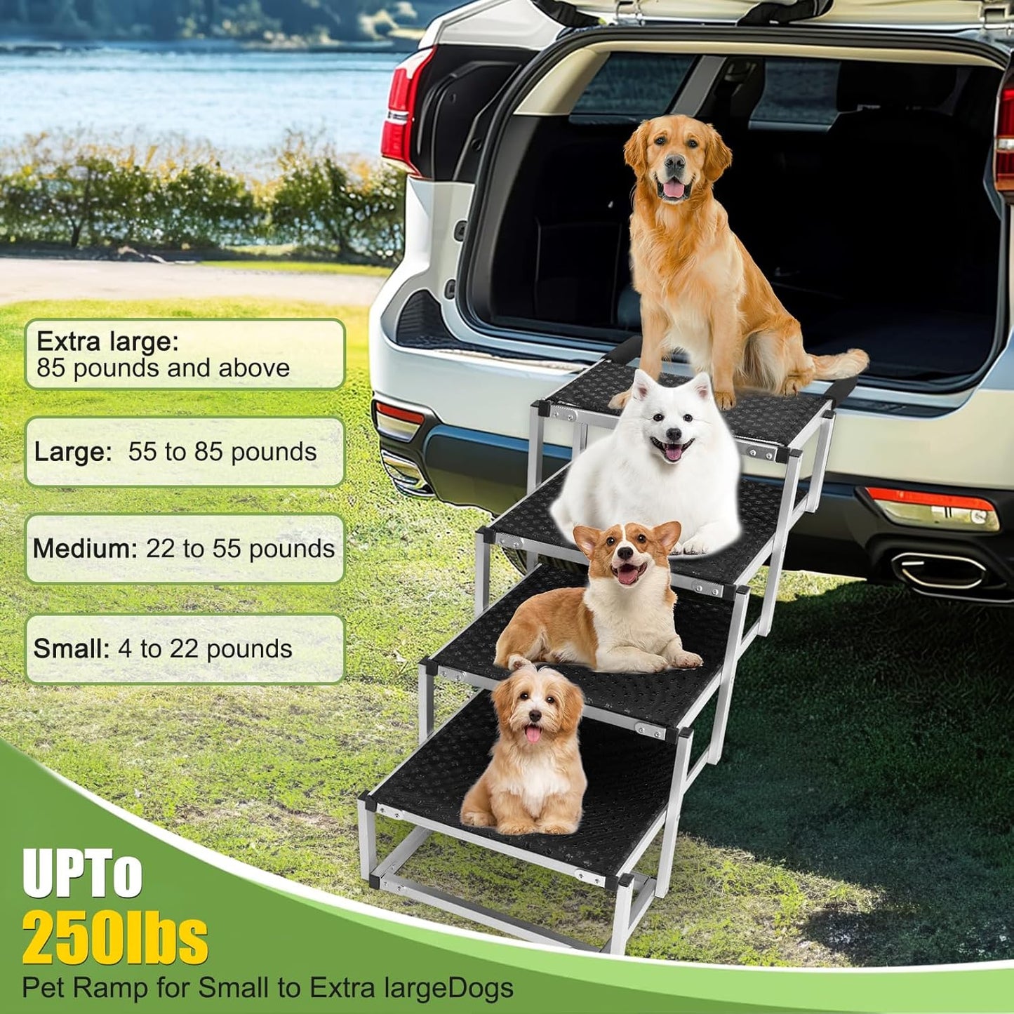 4-Step Foldable Aluminum Dog Stairs - Portable Non-Slip for Trucks/SUVs/Cars