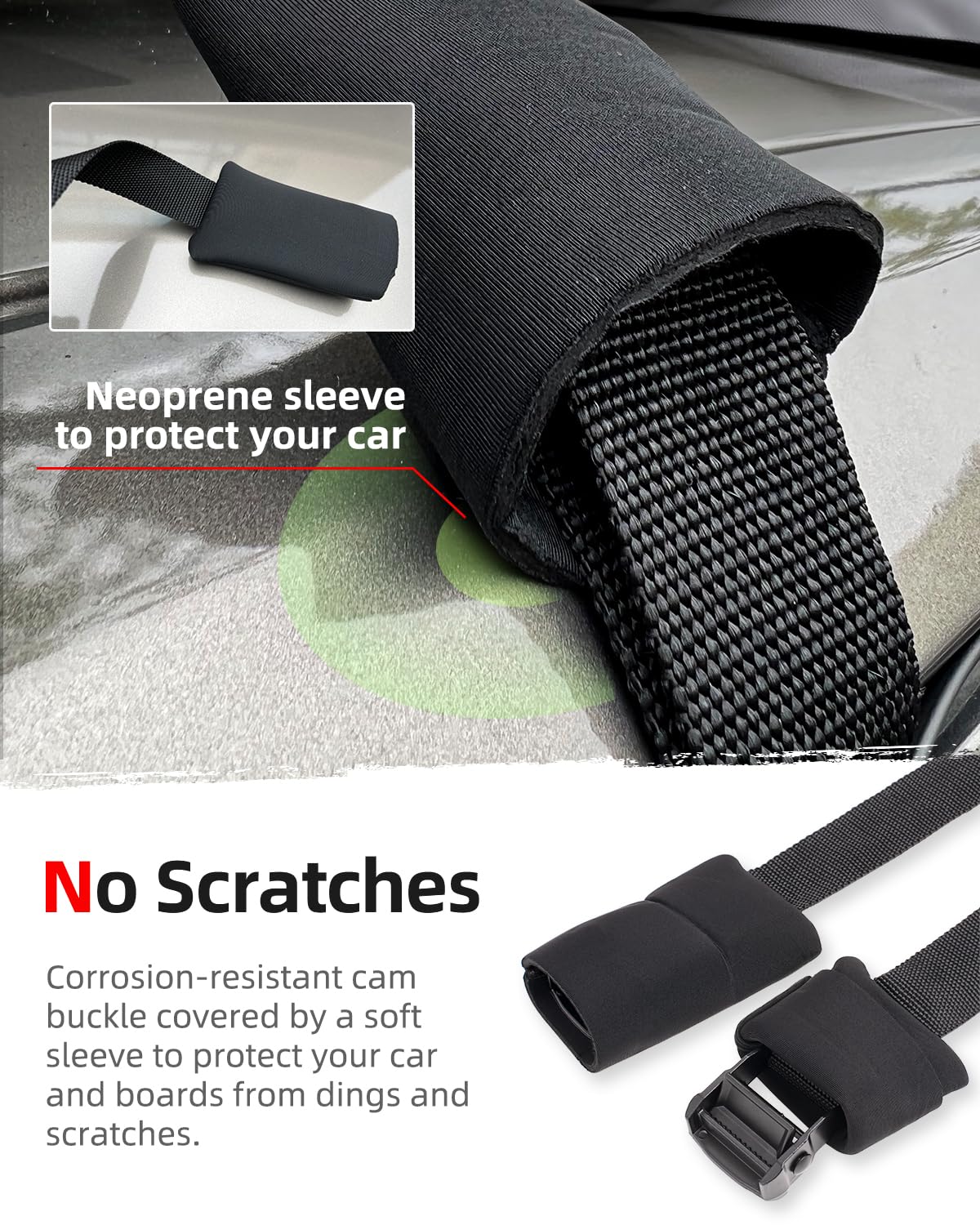 Soft Roof Rack Pads Kit (30") for Surfboard/Kayak - 2 Straps/Ropes/Hood Loops, Storage Bag Included