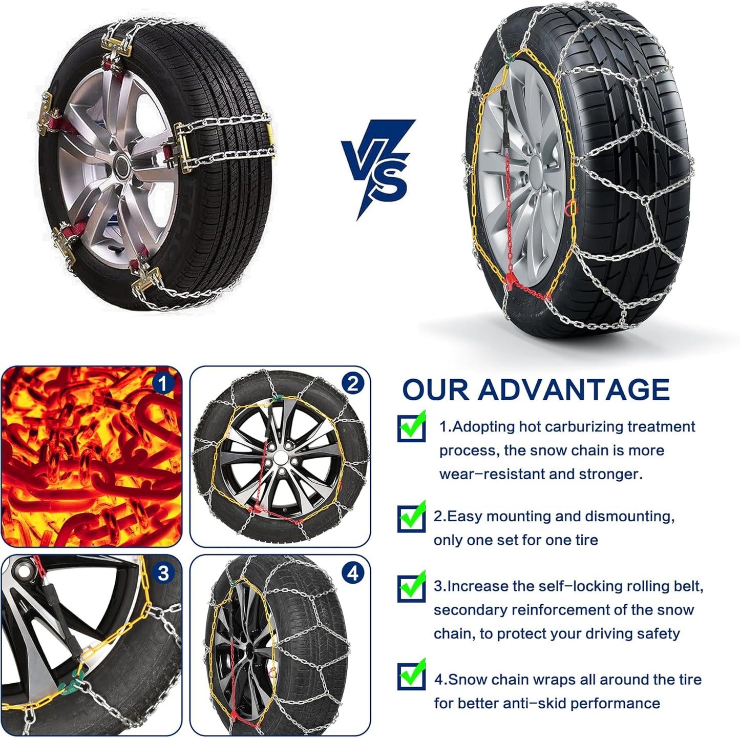 High Carbon Steel Snow Chains (Set of 2) - Wear-Resistant for Cars & SUVs