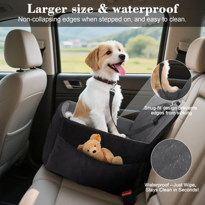 Elevated Dog Booster Seat (15-35 lbs) - Soft 4+2" Pads, Removable Cover, Safety Belt, Storage Pockets
